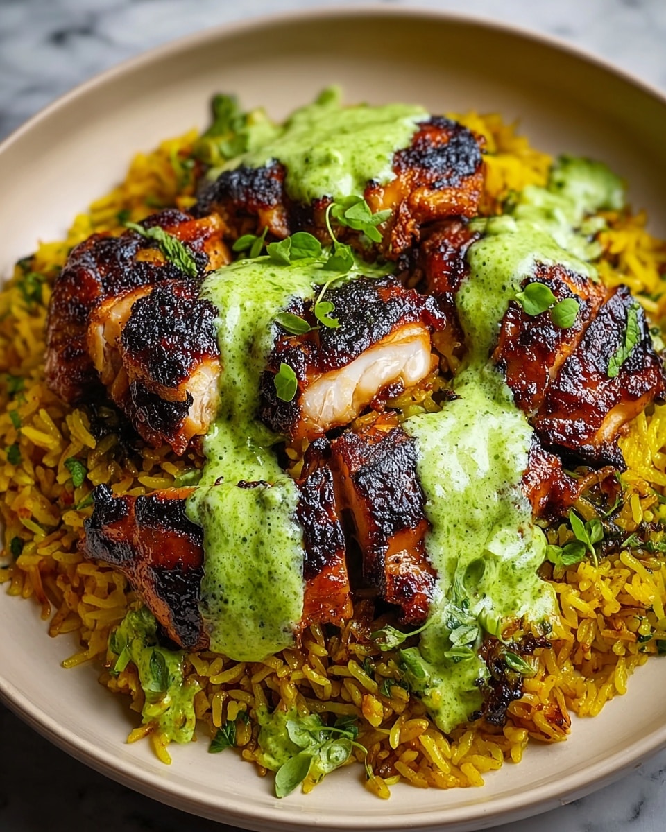 A white plate holds a bed of yellow rice mixed with herbs, forming the first layer with a soft, slightly oily texture. On top, there are several pieces of grilled chicken with a dark, caramelized crust, showing a mix of deep brown and black colors with a juicy interior visible in places. A bright green, creamy sauce with a slightly chunky texture is drizzled across the chicken, adding a fresh contrast. Small green herb leaves are sprinkled on top for decoration. The plate rests on a white marbled surface. photo taken with an iphone --ar 4:5 --v 7