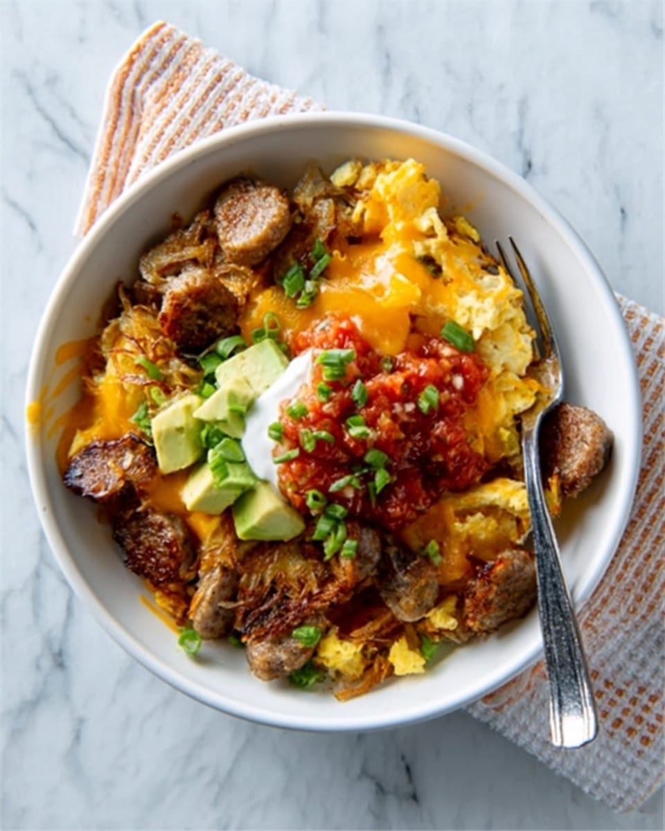 In a white bowl, there is a dish with a base layer of crispy golden-brown hash browns mixed with scrambled eggs. On top, there are browned sausage pieces scattered around. Melted yellow cheddar cheese covers much of the dish. In the center, a dollop of white sour cream is topped with bright red salsa and chunks of green avocado. The dish is finished with chopped green onions sprinkled all over. A silver fork rests on the side inside the bowl. The background is a white marbled texture. photo taken with an iphone --ar 4:5 --v 7