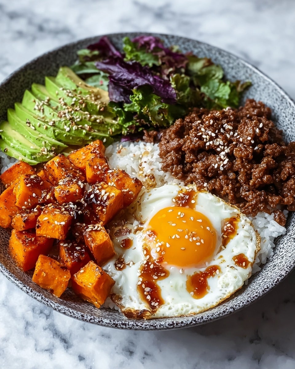 A bowl with one bottom layer of white rice topped with four distinct layers: cooked minced brown beef placed on the left side, bright orange roasted cubed sweet potatoes on the bottom right, sliced light green avocado with a smooth texture on the top right, and leafy green and purple fresh greens at the top center. Sitting on top of all the layers in the center is a fried egg with a sunny yellow yolk and white cooked edges, drizzled with a glossy brown sauce sprinkled with white sesame seeds. The bowl is white with a speckled pattern, placed on a white marbled surface. Photo taken with an iphone --ar 4:5 --v 7