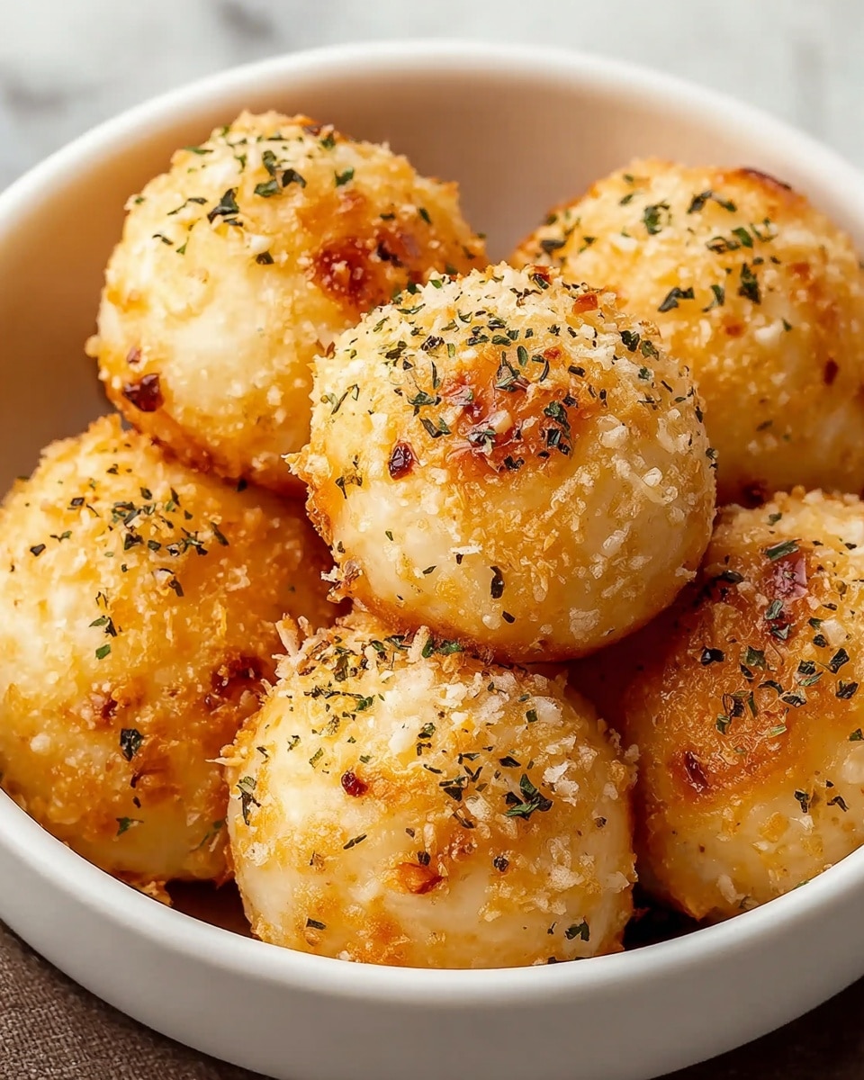 A white bowl filled with small round balls that have a light golden brown crust and a soft, moist texture. Each ball is sprinkled with finely grated pale cheese and small black herb flakes, with slight browning giving a toasted look in some spots. The balls are tightly packed, showing a mix of smooth and slightly rough surfaces under soft lighting, all set against a white marbled textured background. photo taken with an iphone --ar 4:5 --v 7