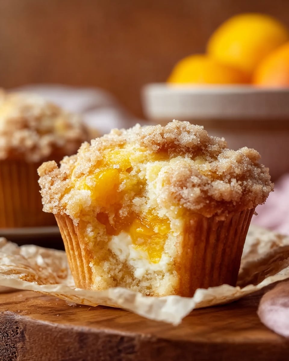 A close-up of a muffin sitting on crumpled beige paper resting on a wooden surface, showing three clear layers: the bottom golden-brown muffin base with a soft texture, a middle layer of bright yellow fruit filling mixed with creamy white, and a top layer of crumbly golden-brown streusel sprinkled unevenly. The background is softly blurred with warm brown tones and a white marbled textured surface underneath. photo taken with an iphone --ar 4:5 --v 7