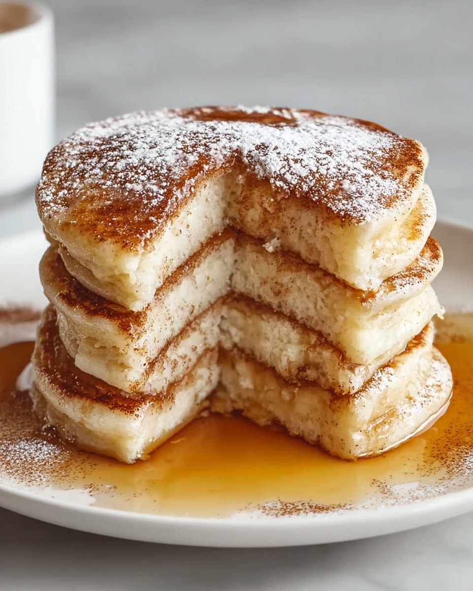 A stack of four thick, fluffy pancakes is centered on a white plate filled with amber maple syrup pooling at the base. Each pancake is golden brown with some crisp edges, showing soft and airy layers inside. There is a light dusting of powdered sugar and a sprinkle of dark cinnamon powder evenly spread over the top pancake. One wedge-shaped section is cut out, revealing the soft and tender interior layers across all four pancakes. The plate sits on a white marbled surface. photo taken with an iphone --ar 4:5 --v 7