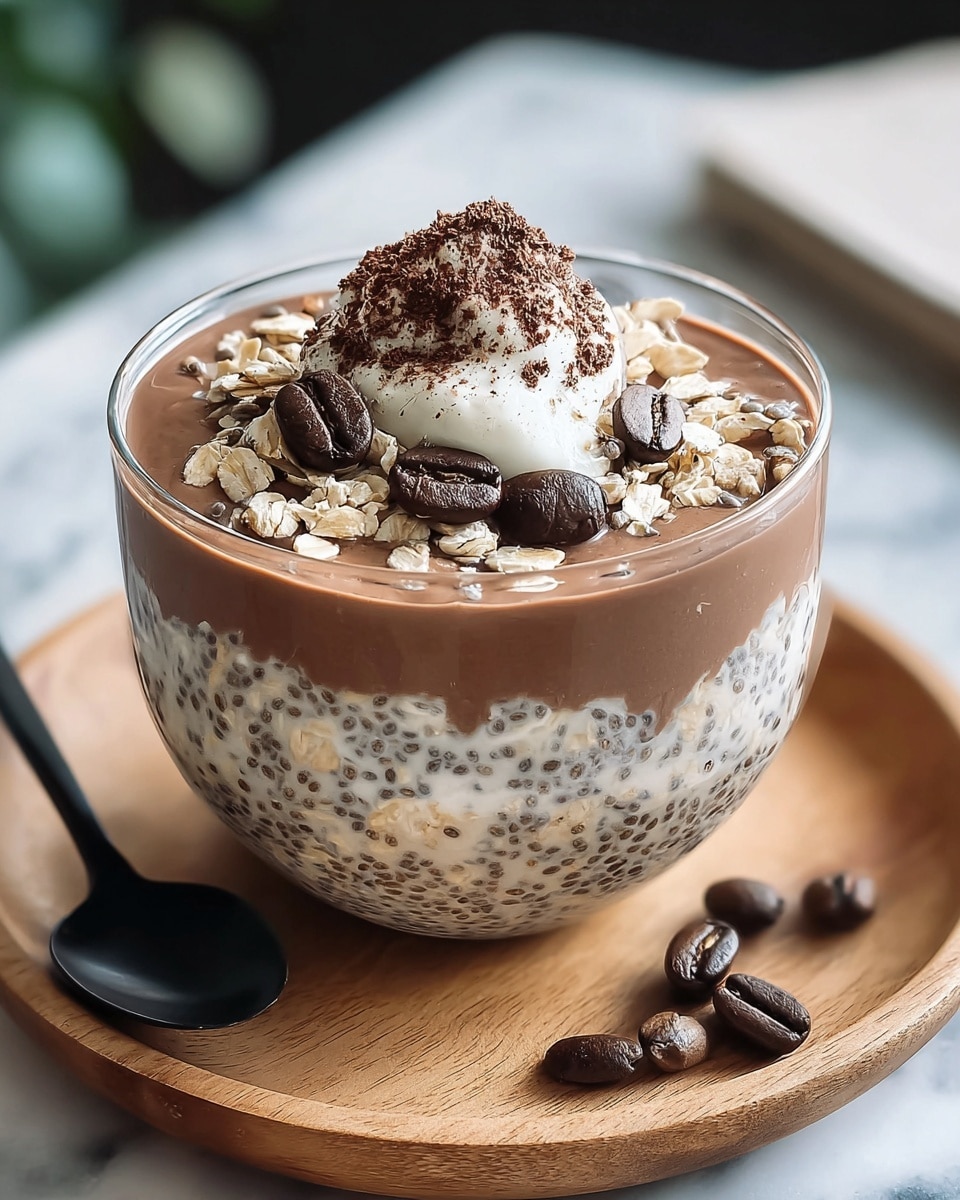A clear glass bowl filled with three layers: the bottom layer is white with small dark specks and grainy texture, the middle layer is smooth and creamy light brown, and the top layer includes scattered oatmeal with a dollop of white cream in the center, sprinkled with cocoa powder and topped with dark brown coffee beans. The bowl sits on a wooden round plate over a white marbled surface. In the blurred background, there are soft shapes and objects adding depth. photo taken with an iphone --ar 4:5 --v 7
