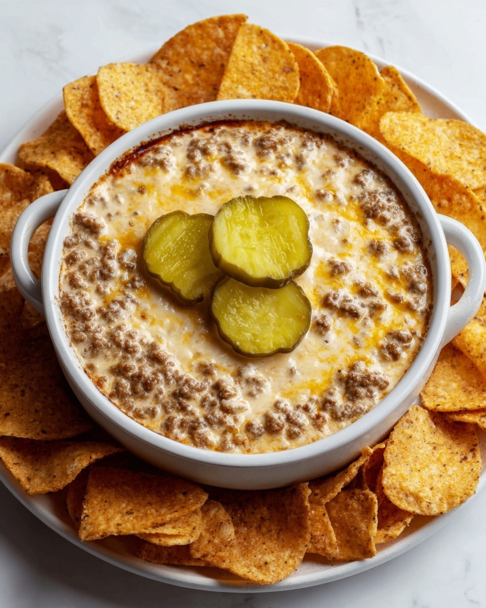 A white bowl filled with a creamy dip that has a melted, slightly browned cheese layer on top mixed with small bits of ground meat, creating a textured, golden and brown surface. On top of the dip are three green pickle slices arranged in the center. The bowl is surrounded by a ring of crispy, golden-colored tortilla chips, placed on a white marbled surface. The overall look is warm and inviting. Photo taken with an iphone --ar 4:5 --v 7