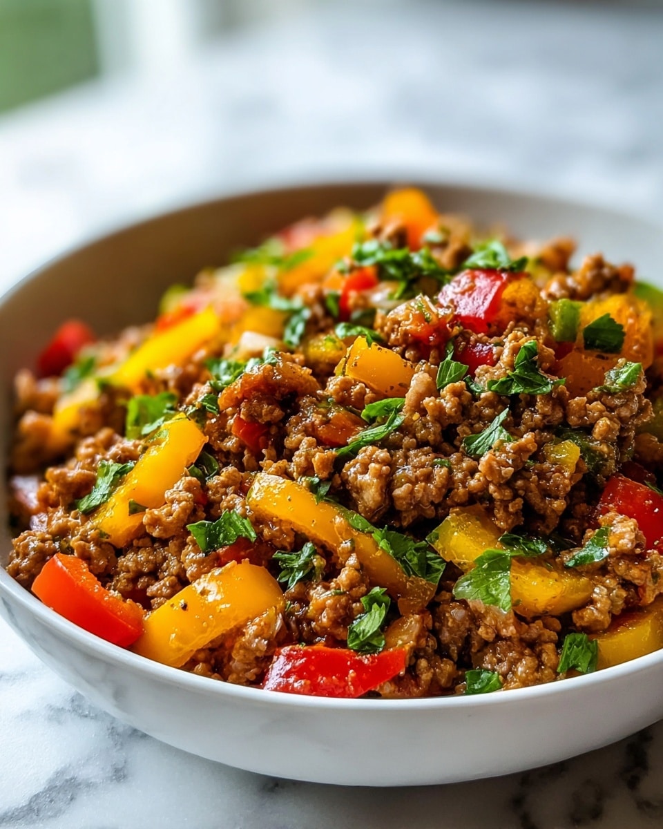 A close-up view of a white bowl filled with a colorful dish made of ground meat mixed with chopped red, yellow, and green bell peppers, along with translucent cooked onion pieces. The meat has a rich brown color and slightly crumbly texture, while the peppers add bright, fresh pops of red, yellow, and green. Small green herb leaves are scattered throughout, adding vibrant green accents. The bowl sits on a white marbled surface with a blurred leafy green background outside the window. photo taken with an iphone --ar 4:5 --v 7