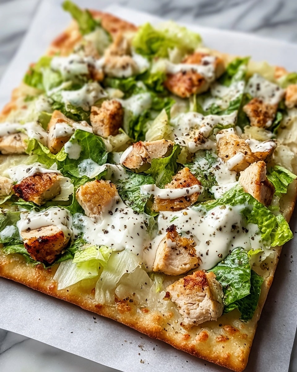A square flatbread with a golden, crisp base forms the first layer, topped with fresh green lettuce leaves scattered evenly across. On top of the lettuce, there are chunks of browned, grilled chicken pieces, giving a textured and hearty look. A creamy white sauce is drizzled generously over the chicken and lettuce, with small black pepper specks sprinkled on the surface, adding contrast and detail. The flatbread rests on white parchment paper over a white marbled surface. photo taken with an iphone --ar 4:5 --v 7