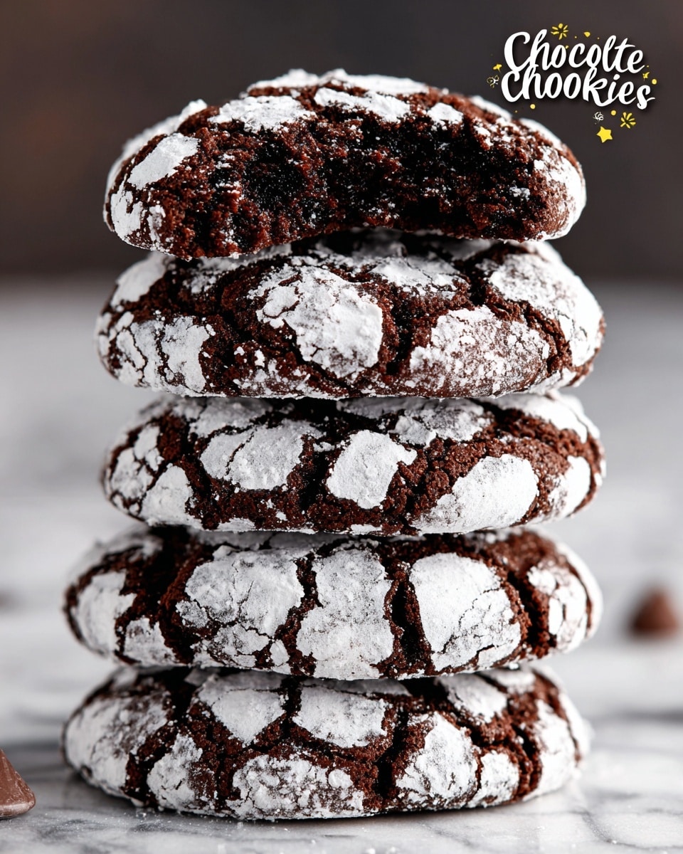 A tall stack of five chocolate crinkle cookies is shown, each cookie having a dark, rich chocolate base covered with a thick layer of white powdered sugar that cracks open as the cookies bake, creating a rough, textured pattern. The top cookie has a bite taken out of it, revealing a moist, dark chocolate inside. The cookies are soft and thick, stacked directly on a wooden surface replaced with a white marbled texture. The background is blurred with soft warm tones. photo taken with an iphone --ar 4:5 --v 7