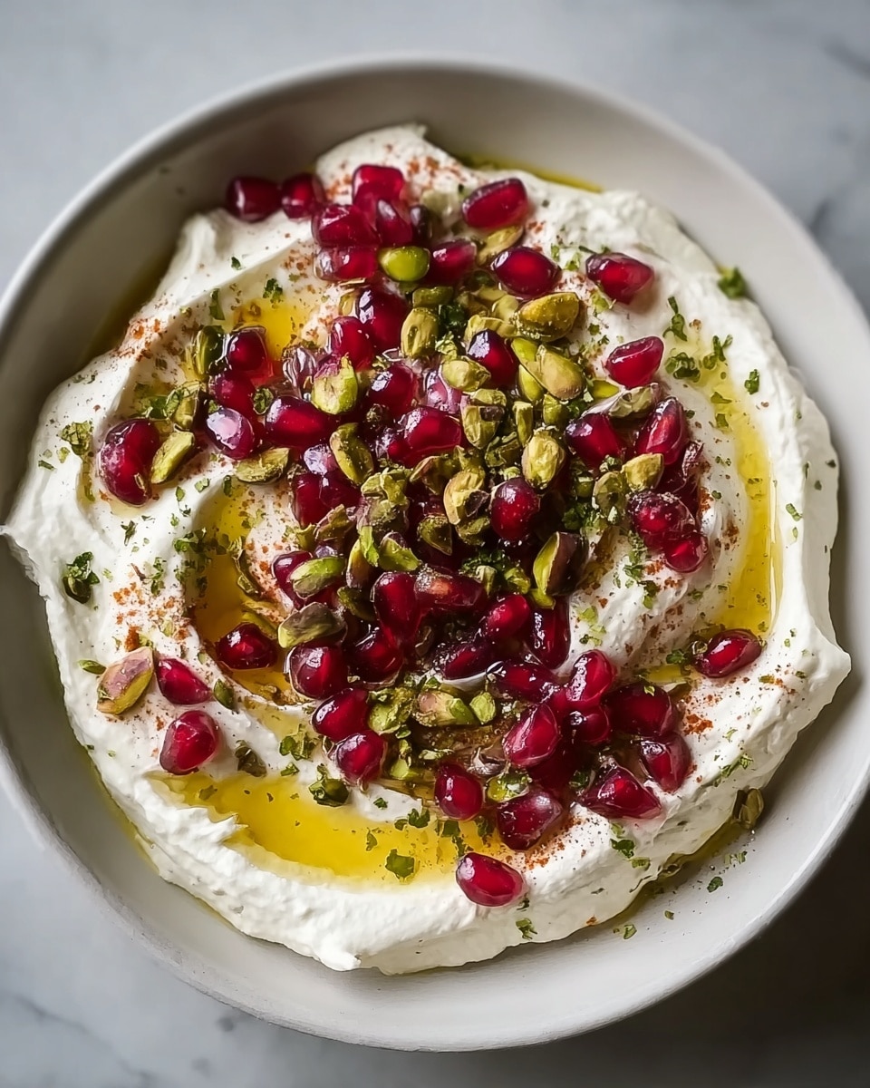 A white bowl filled with a thick layer of creamy white cheese spread, spread evenly with a slightly rough texture. On top, there is a generous pile of bright red, shiny pomegranate seeds mixed with green pistachio pieces, creating a colorful contrast. There are also splashes of golden olive oil around the edges of the cheese and a light sprinkle of bright green chopped herbs on top. The bowl sits on a white marbled surface. photo taken with an iphone --ar 4:5 --v 7