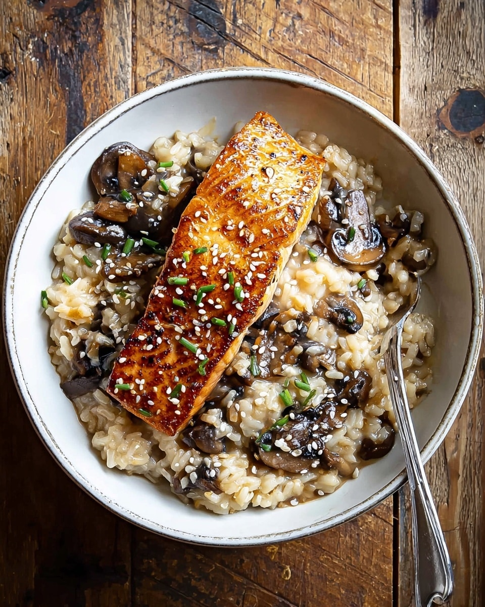 A white bowl filled with a creamy mushroom risotto, showing soft, off-white grains of rice mixed with dark brown mushroom slices scattered throughout. On top, there is a thick, golden-brown seared salmon fillet with crisp edges and grill marks, garnished with small green chive pieces and white sesame seeds. A silver fork rests on the right side inside the bowl. The bowl is set on a rustic wooden surface with visible grains and knots. photo taken with an iphone --ar 4:5 --v 7