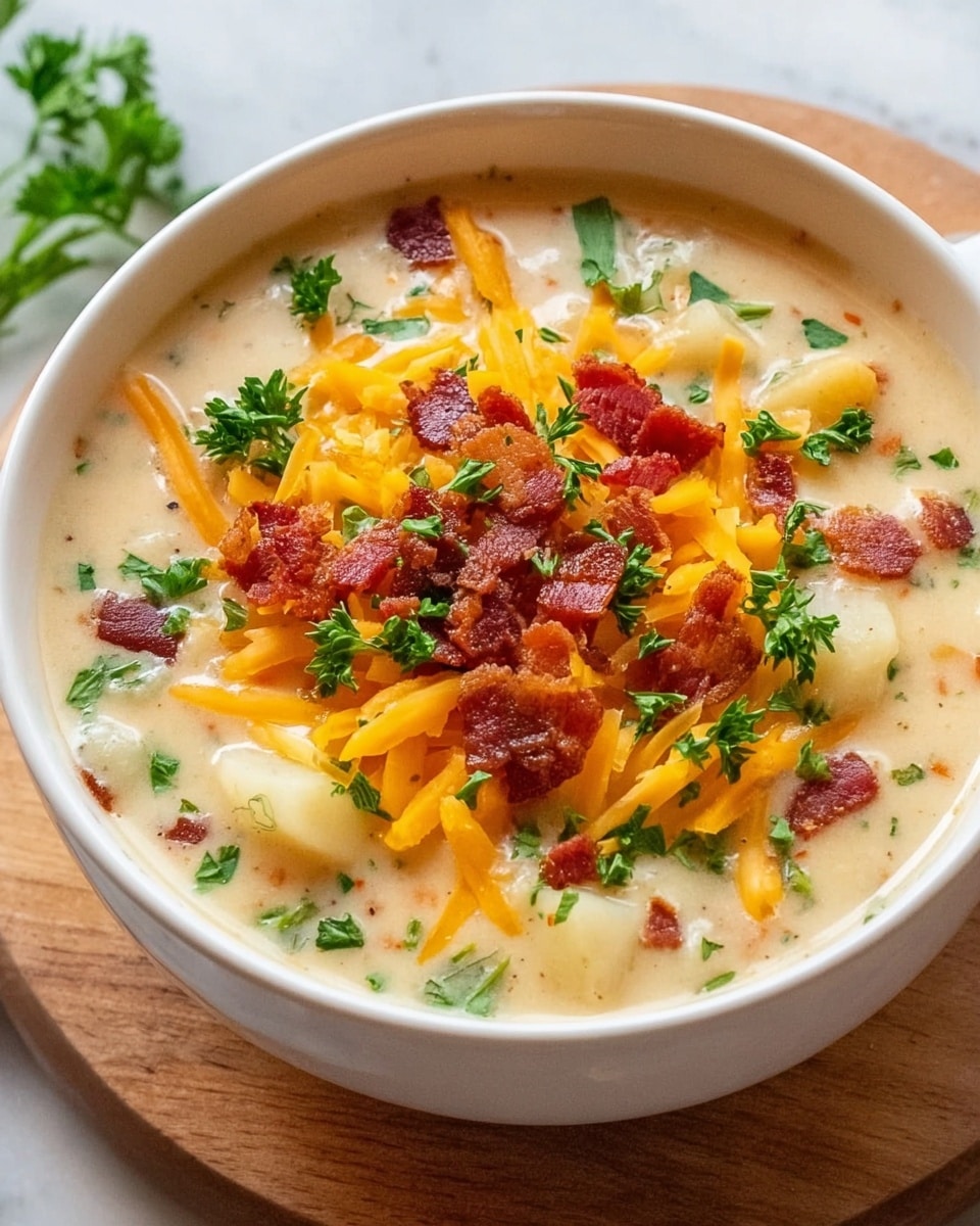A white bowl filled with creamy soup showing multiple chunky layers: the bottom layer is a thick beige broth with small potato pieces, scattered green herbs, and bits of bacon. On top, there is a bright orange shredded cheese layer mixed with crispy brown bacon strips and fresh green parsley leaves arranged evenly across the surface. The bowl sits on a light wooden coaster, all placed on a white marbled textured surface. photo taken with an iphone --ar 4:5 --v 7