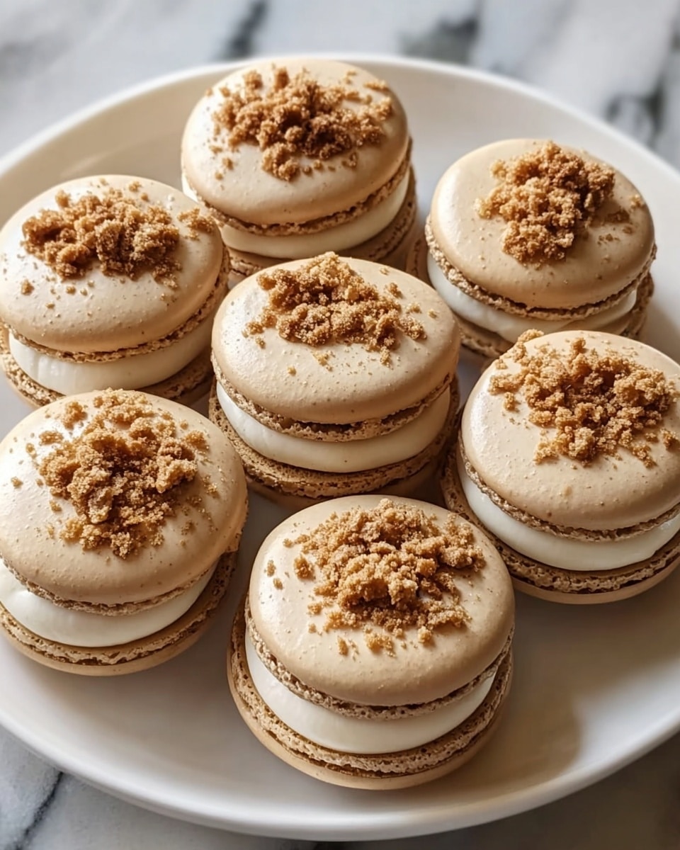 A white plate holds seven light brown macarons arranged close together. Each macaron has two smooth, round layers with a slightly shiny surface, sandwiching a creamy white filling in the middle that looks soft and smooth. The top layer of each macaron is decorated with a small pile of crushed, crumbly light brown bits placed in the center. The plate sits on a white marbled surface. photo taken with an iphone --ar 4:5 --v 7