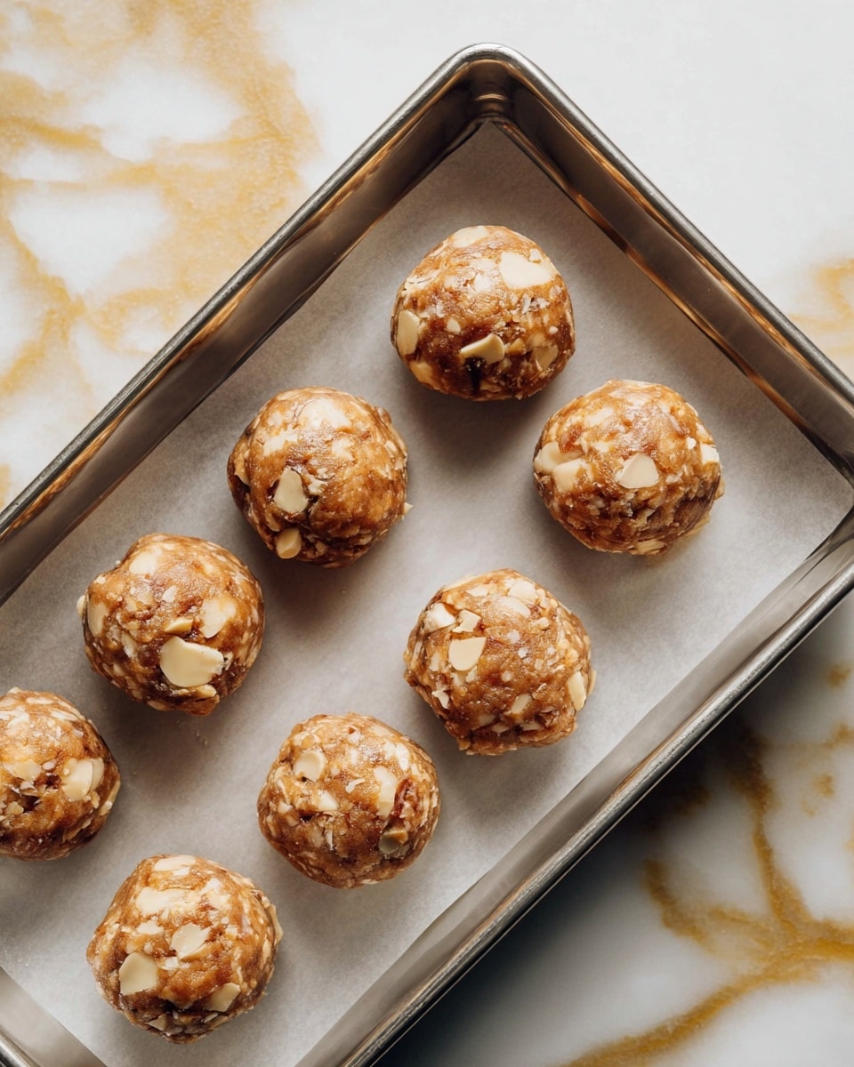 The image shows six round dough balls placed on white parchment paper inside a dark gray metal baking tray that has a slightly worn look. Each ball is made with a mix of light beige chunks and brown dough, giving a marbled effect with rough, uneven textures. The tray sits on a white marbled surface with gold veining, adding a touch of elegance to the scene. photo taken with an iphone --ar 4:5 --v 7