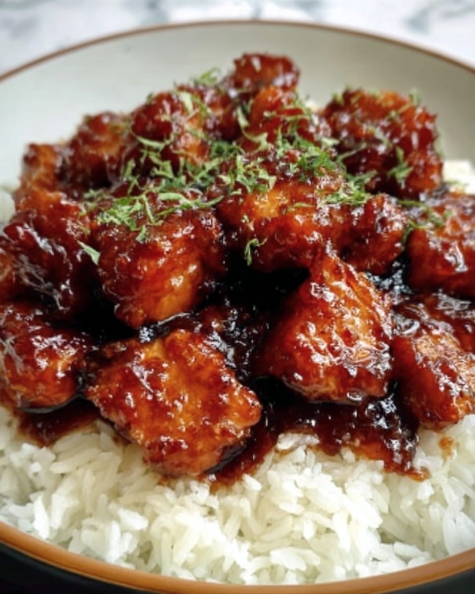 A white round plate sits on a white marbled surface, filled with a base layer of fluffy white rice. On top of the rice, there are several chunks of glossy, caramel-brown chicken coated in a thick sauce with a shiny texture. The chicken pieces are garnished with small bits of green herbs, giving a pop of color. The sauce looks smooth and rich, slightly pooling around the rice. Photo taken with an iphone --ar 4:5 --v 7