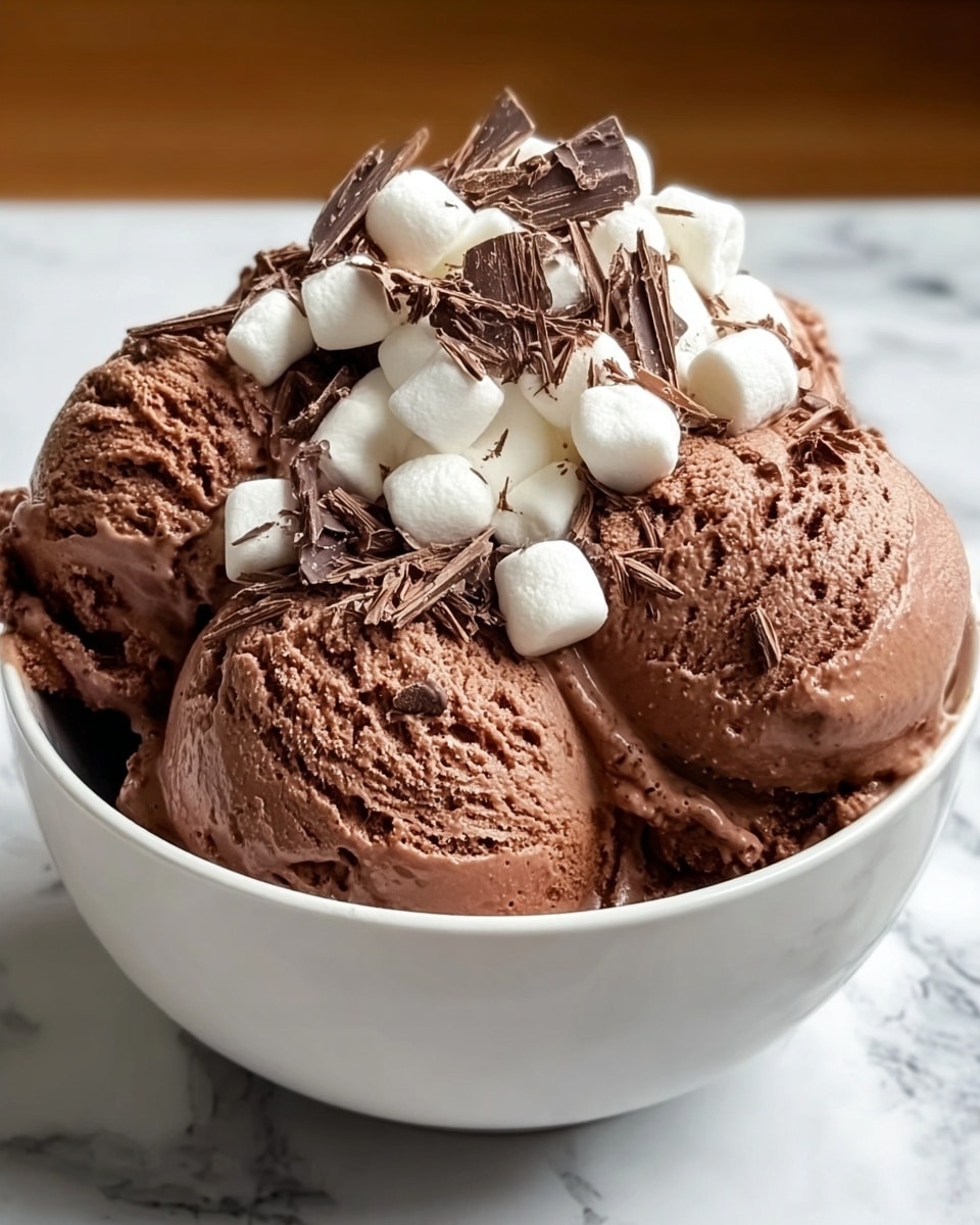 A white bowl filled with four scoops of smooth, rich brown chocolate ice cream, slightly melting on the edges. On top, there is a layer of soft, white marshmallows scattered evenly. Above the marshmallows, thin pieces of dark brown chocolate shards are placed in a small pile, adding texture and contrast. The bowl sits on a white marbled surface. Photo taken with an iphone --ar 4:5 --v 7