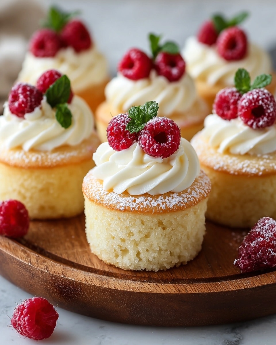 The image shows a group of soft yellow cupcakes, each with one layer of light golden-brown cake topped with a swirl of smooth white cream. On top of the cream, there are fresh bright red raspberries, with one cupcake featuring a small green mint leaf as a garnish. The cupcakes are dusted lightly with white powdered sugar, sitting on a round wooden board with a few extra raspberries scattered around. The background is a white marbled texture with a soft focus. Photo taken with an iphone --ar 4:5 --v 7
