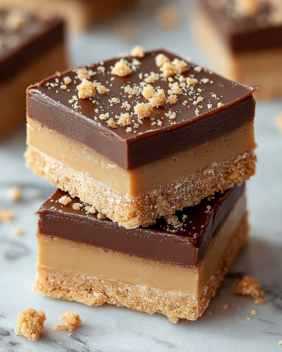 Two square pieces of dessert stacked on each other show three layers: the bottom layer is crumbly and light beige, the middle layer is smooth and light brown, and the top layer is a thick, glossy dark brown chocolate with small crushed beige pieces sprinkled on it. The dessert is placed on a white marbled surface with more crumbs scattered around. Photo taken with an iphone --ar 4:5 --v 7