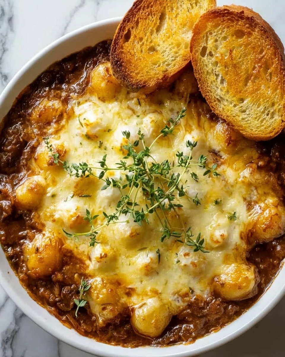 The image shows a white bowl filled with golden-brown baked gnocchi covered in melted cheese. The top layer is bubbly and slightly browned, with gnocchi pieces peeking through the cheese. Small green thyme sprigs rest on top, adding a fresh touch. On the right side, two toasted bread slices with a light golden crust lean against the bowl. The bowl is placed on a white marbled surface. photo taken with an iphone --ar 4:5 --v 7