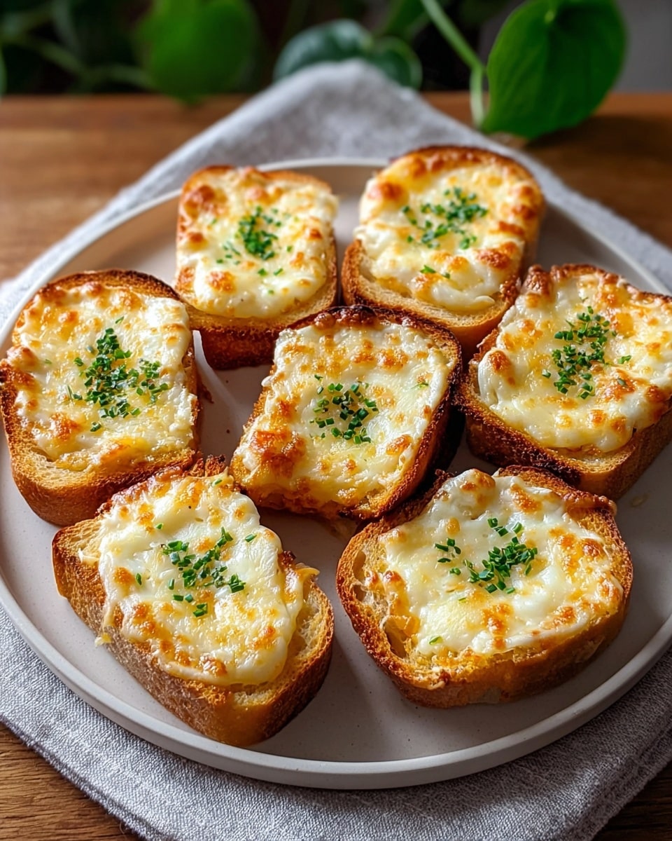 Seven small square pieces of toasted bread are placed on a white plate. Each piece has a layer of melted, golden-brown cheese on top, with some browned spots showing a crispy texture. The cheese is sprinkled with small bits of chopped green herbs, adding contrast to the warm yellow and white colors. The plate sits on a wooden surface with a white cloth nearby, and there is some soft greenery blurred in the background. photo taken with an iphone --ar 4:5 --v 7