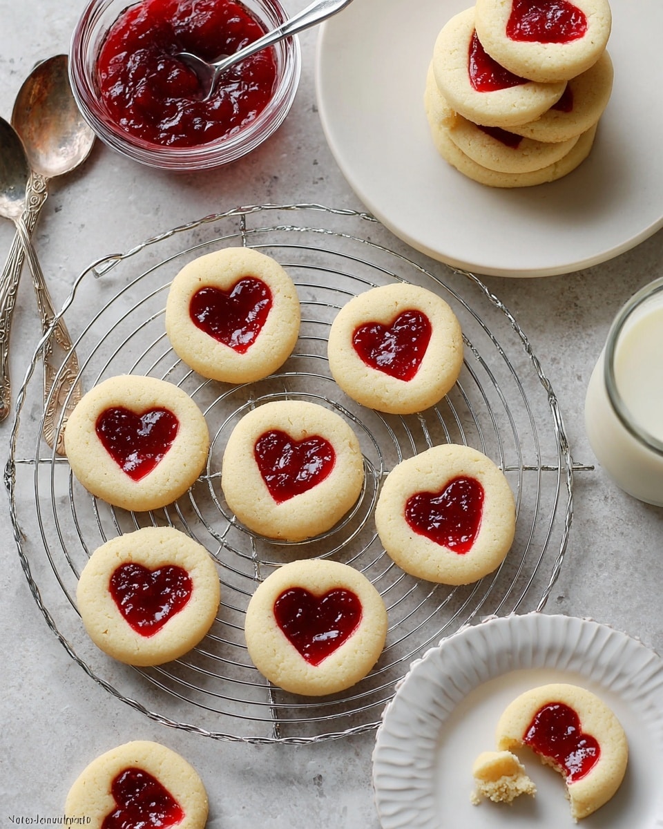 The image shows a collection of round thumbprint cookies with smooth, pale yellow dough and bright red jam in heart-shaped centers. The cookies are arranged on a silver cooling rack and scattered loosely on a light surface. One cookie is broken in half, revealing a soft interior with the jam filling. A white plate holds three cookies and is placed near the bottom right corner. A small white bowl with red jam and a spoon rests in the top left corner, and a glass of milk is visible on the right. The background is a white marbled texture. photo taken with an iphone --ar 4:5 --v 7