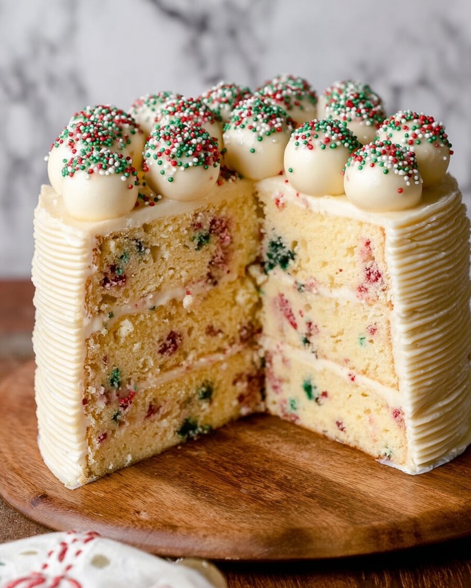 A tall cake with three light yellow sponge layers and two thick creamy frosting layers inside, both filled with red, green, and white sprinkles mixed in. The outside is covered with smooth white frosting that has a slightly ribbed texture on the side. The top layer is decorated with small round cookie dough balls and red, green, and white round sprinkles scattered around them. The cake is sitting on a wooden board with a white marbled texture background. photo taken with an iphone --ar 4:5 --v 7