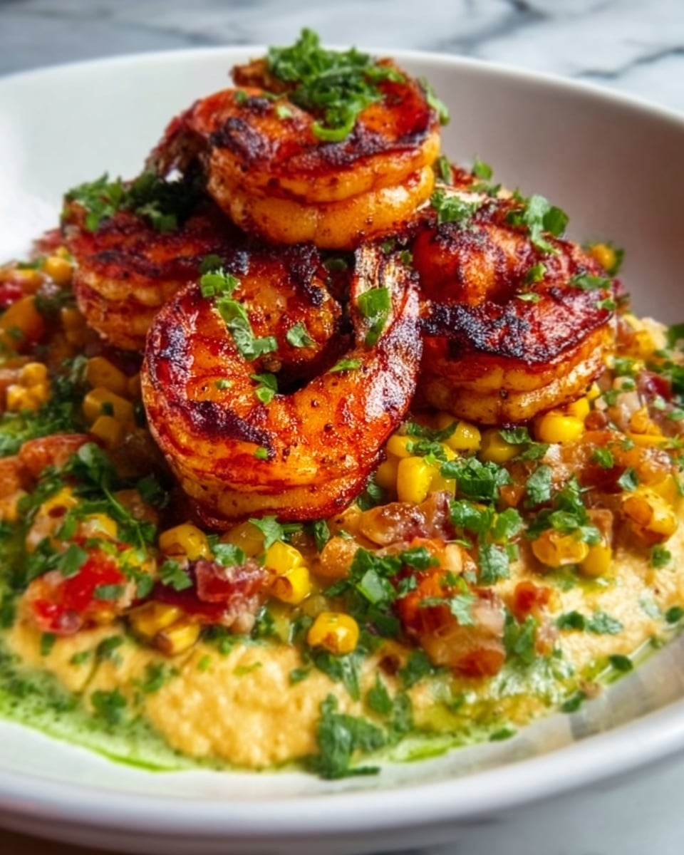 A white plate holds a colorful dish with layered ingredients. The bottom layer is creamy and light yellow, topped with a mix of bright yellow corn and small pieces of green herbs spread evenly. On top of this, there are several large, golden-brown shrimp arranged in a circle, each shrimp curled and showing a slightly crispy texture with some char marks. The shrimp are garnished with finely chopped green herbs, adding a fresh touch. The plate sits on a white marbled surface. Photo taken with an iphone --ar 4:5 --v 7