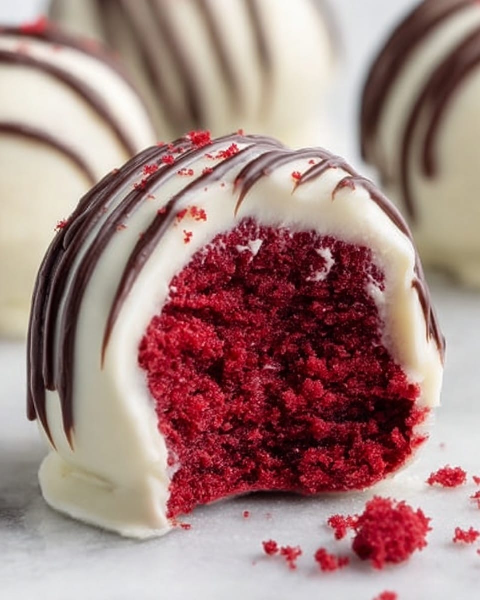 A close-up view of a single red velvet cake ball coated with smooth white chocolate. The cake ball is partially bitten, showing a deep red moist interior with a soft, crumbly texture. The outer white chocolate layer is thick and glossy, with thin dark chocolate drizzles artistically placed across the top. The cake ball sits on a white marbled surface with some red crumbs scattered nearby. photo taken with an iphone --ar 4:5 --v 7
