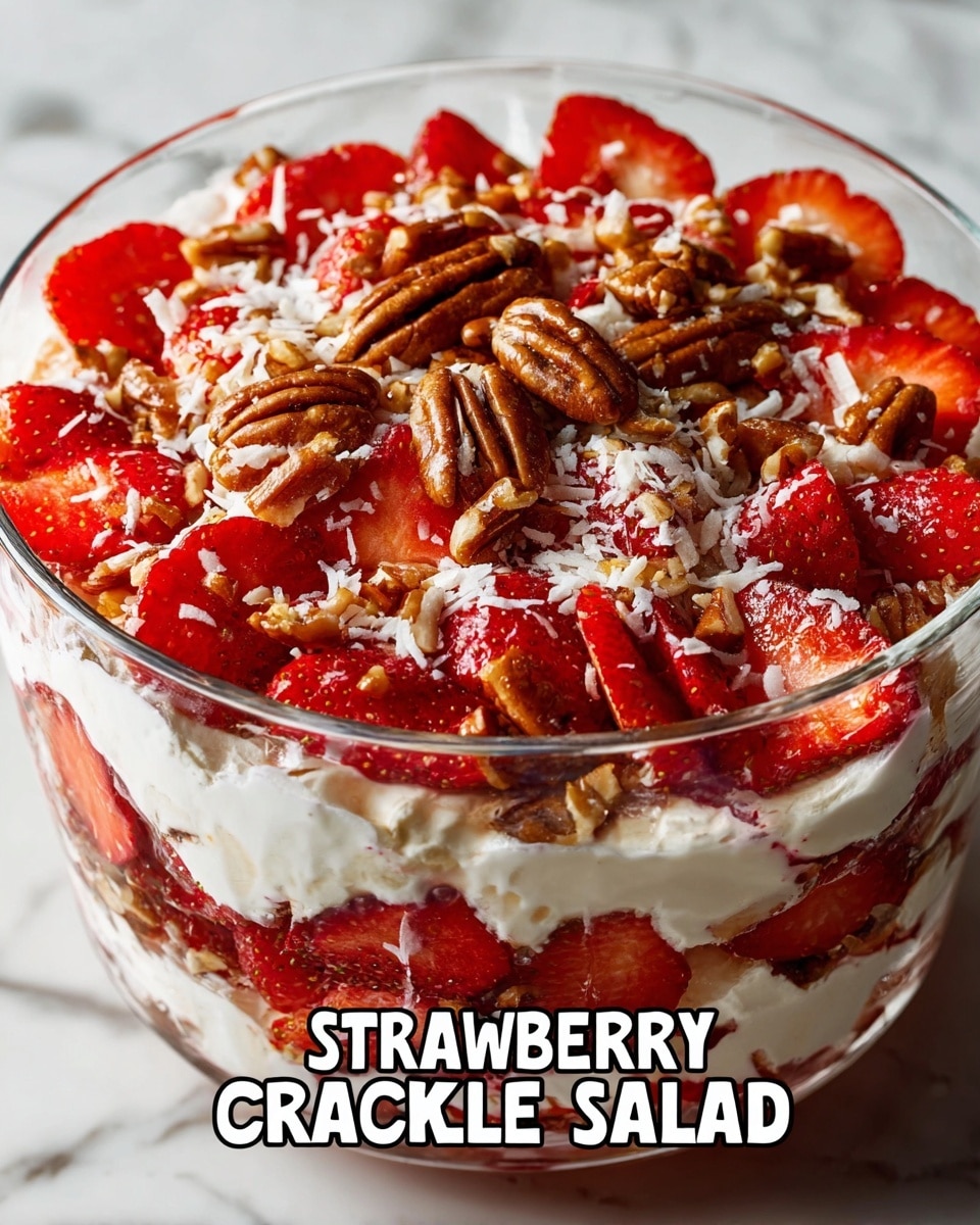 A clear glass bowl filled with a strawberry crackle salad showing three main layers: the bottom layer has bright red strawberry pieces, the middle layer is white and fluffy whipped cream, and the top layer is a mix of shiny brown pecans and more fresh strawberries, sprinkled with small white flakes of coconut. The bowl is set on a white marbled surface. photo taken with an iphone --ar 4:5 --v 7