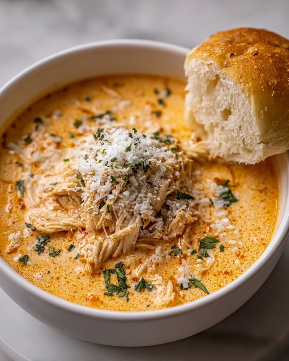 A white bowl holds creamy orange soup topped with shredded chicken in the center. The soup surface is smooth and dotted with specks of black pepper and green herbs. A pile of finely grated white cheese and chopped green parsley sits on top of the chicken, adding texture and color contrast. On the right edge of the bowl, a soft white bread roll is placed, slightly torn to show its fluffy inside. The bowl rests on a white marbled surface. photo taken with an iphone --ar 4:5 --v 7