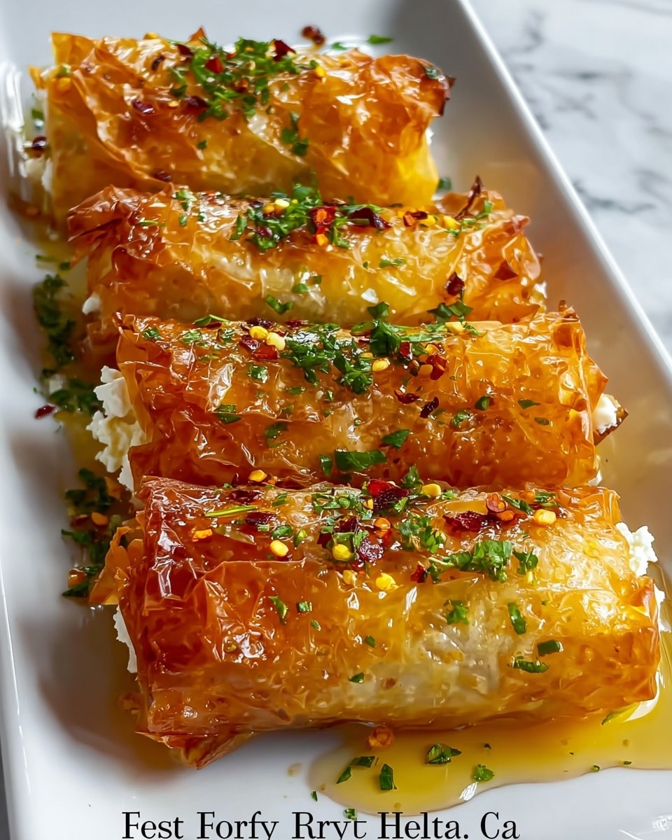 Four golden brown crispy rolls are lined up on a white rectangular plate resting on a white marbled textured surface. Each roll shows a crinkly, flaky outer layer, glistening with a shiny coat of honey, which pools slightly on the plate. Bright green finely chopped herbs are sprinkled on top, along with small red chili flakes that add contrast against the warm golden hue. The rolls are tightly wrapped, hinting at a creamy white feta cheese filling inside. The overall look is inviting with a mix of textures from crisp to smooth, highlighted by the glossy honey glaze. photo taken with an iphone --ar 4:5 --v 7
