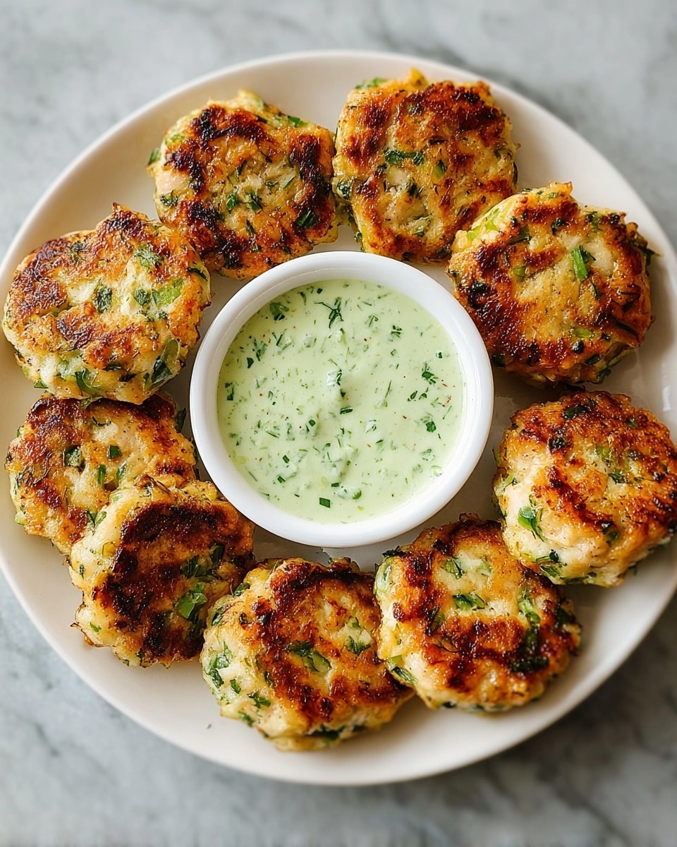 A white plate holds nine golden brown patties with a slightly crispy texture, speckled with green bits of herbs or vegetables, arranged in a circle around a small white bowl of pale green sauce with visible herb flecks, all set on a white marbled surface. photo taken with an iphone --ar 4:5 --v 7