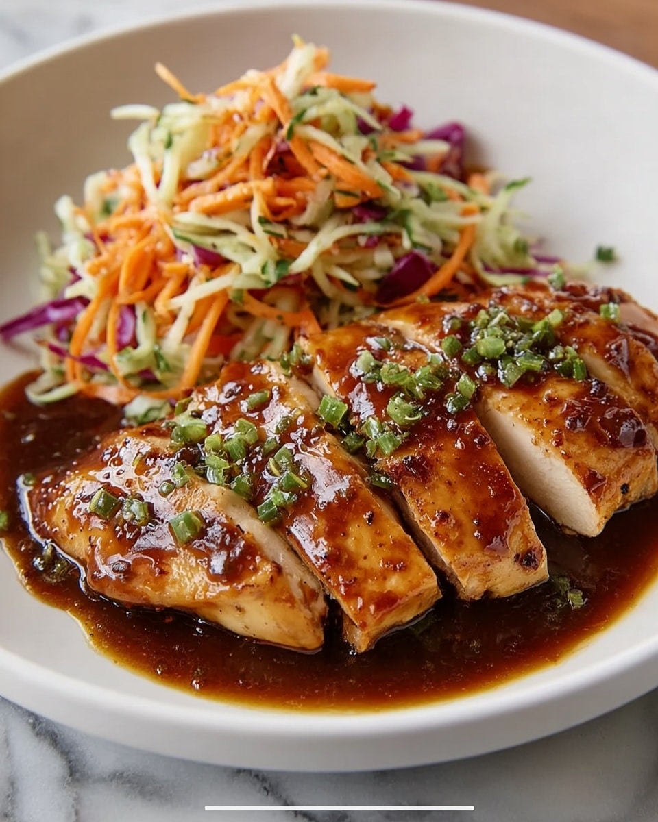 A white shallow bowl holds a dish with two main parts: in the front, there are four thick slices of grilled chicken breast layered closely, glazed with a shiny, dark brown sauce and sprinkled with small green herb pieces. On the side, there is a colorful salad made of thin, shredded vegetables like orange carrots, light green cucumber, and bits of purple cabbage, all lightly mixed together. The chicken and salad are arranged neatly, with the sauce slightly pooling under the chicken, and the whole plate sits on a white marbled surface. Photo taken with an iphone --ar 4:5 --v 7