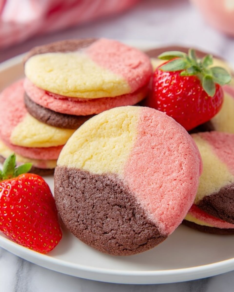 The image shows a plate of round tri-colored cookies with three distinct layers on each cookie: a pink layer on top with a rough texture, a smooth creamy yellow layer in the middle, and a dark brown layer at the bottom that looks soft and chocolatey. The cookies are stacked on a white plate, and there is a halved strawberry with green leaves placed on top of some cookies, adding a fresh red and green contrast. The scene is set on a white marbled surface, giving a clean and bright background. Photo taken with an iphone --ar 4:5 --v 7