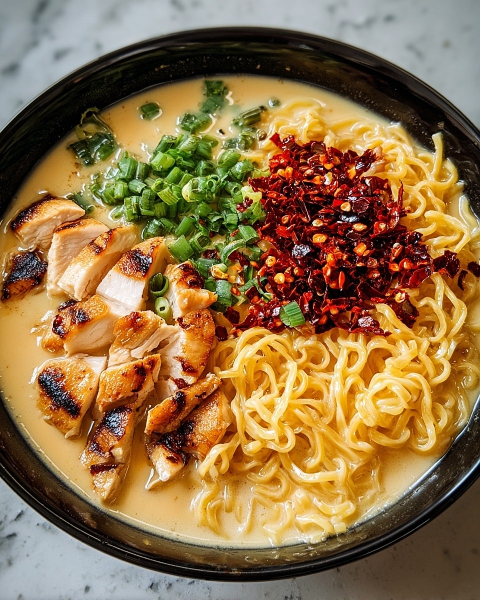 A black bowl filled with creamy yellow broth with noodles in the middle that are light yellow and slightly curly, topped with chopped green onions in a bright green color sitting on one side, a layer of finely chopped red chili flakes on the opposite side, and grilled chicken pieces arranged in two sections—one side has sliced chicken with a golden brown charred surface, and the other side has small bite-sized chicken pieces with a similar grilled look, all resting on a white marbled surface photo taken with an iphone --ar 4:5 --v 7