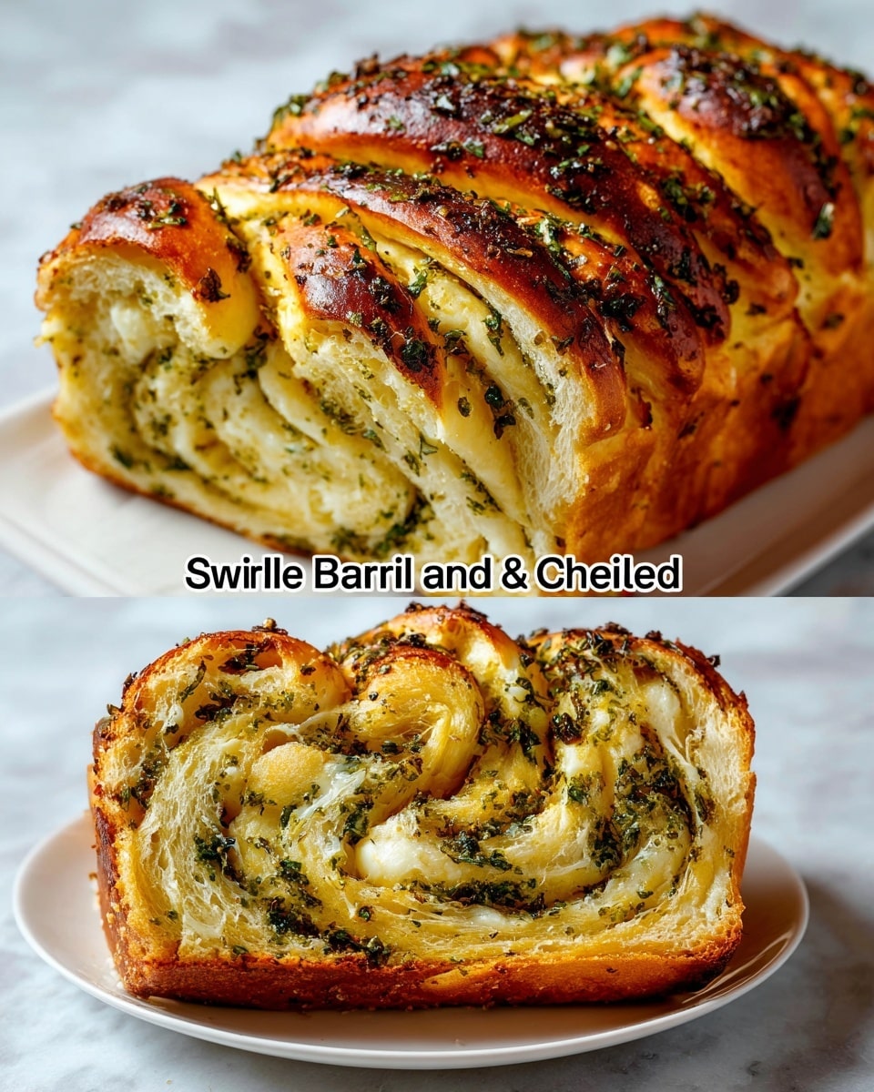 A loaf of swirled garlic herb and cheese bread is shown sliced on a white plate, placed on a white marbled surface. The bread has several thick layers: the outer crust is golden brown with a shiny, slightly crispy texture sprinkled with green herb flakes and minced garlic. Inside, there are multiple swirled layers of soft, light-yellow dough and melted white cheese, interspersed with green herbs, creating a marbled effect in the bread. The top is blistered and has a mix of brown and green spots from the baked herbs. photo taken with an iphone --ar 4:5 --v 7