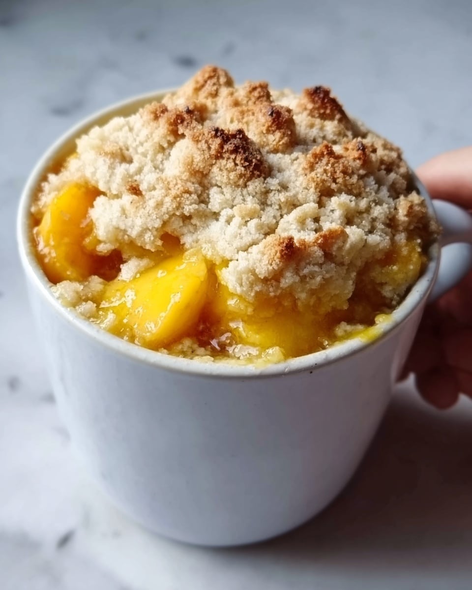 A white mug filled with a dessert that has two main layers: the bottom layer is bright yellow and looks like soft cooked peaches, with large chunks visible; the top layer is a thick, crumbly, golden-brown crust with a rough texture, some parts slightly darker from baking. The dessert fills the mug fully, with the crust slightly overflowing the rim. The mug sits on a white marbled surface, and a woman's hand is holding the mug from the side. photo taken with an iphone --ar 4:5 --v 7