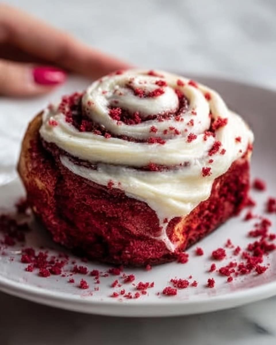 A close-up image of a red velvet cinnamon roll on a white plate, showing a swirl pattern of deep red dough with a thick layer of white creamy frosting on top, sprinkled with small red crumbs. The cinnamon roll looks soft and moist, with the frosting smoothly covering the top and slightly dripping over the edges. The white plate sits on a white marbled surface. In the background, a blurred pink item is visible. Photo taken with an iphone --ar 4:5 --v 7