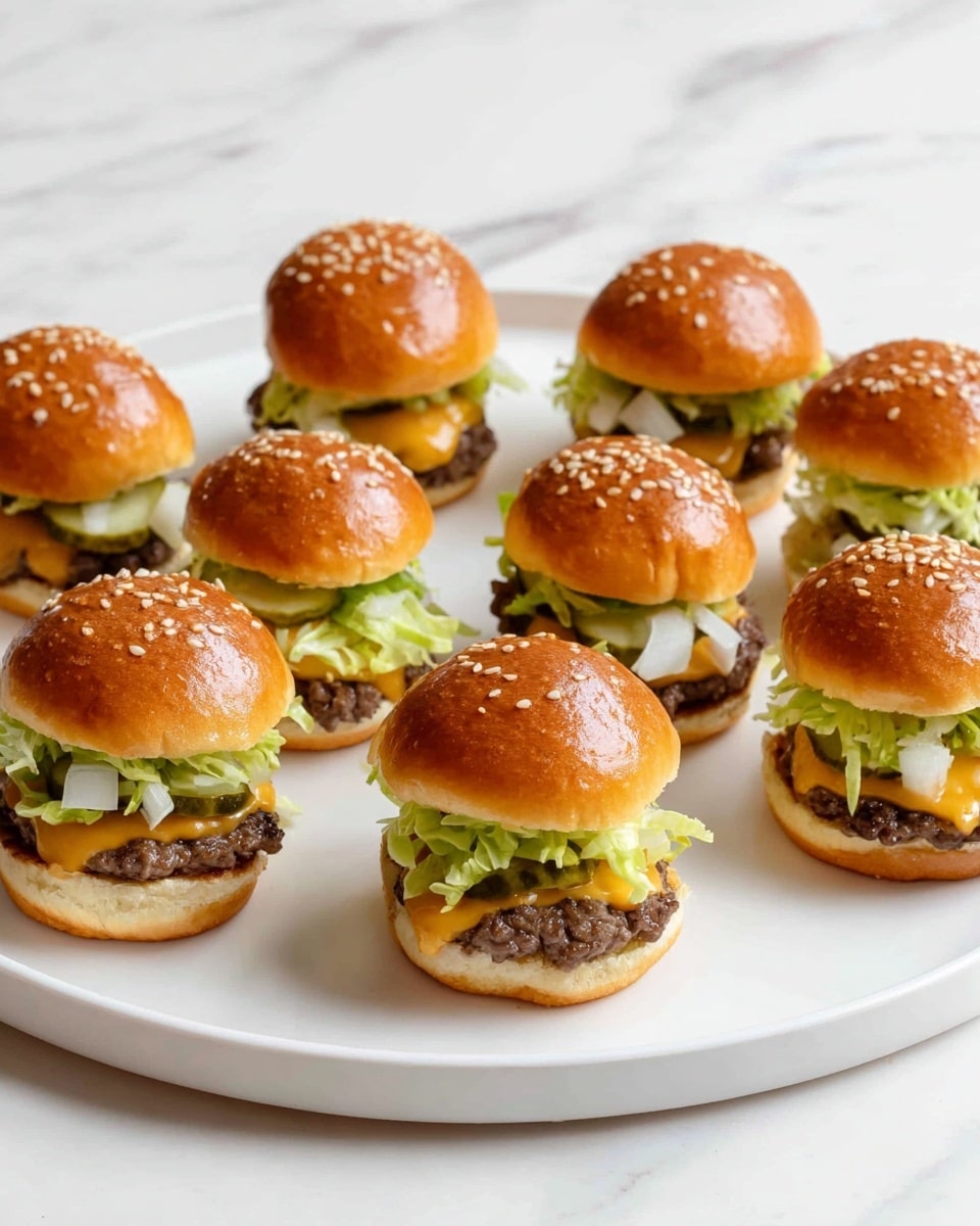 A white round plate holds nine small cheeseburgers arranged neatly in three rows, each with a shiny golden brown sesame seed top bun. Inside, a layer of bright orange melted cheese sits on a soft white bottom bun, topped by a crumbled brown beef patty. Above the patty are thickly sliced pineapple rings, diced white onions, and shredded pale green lettuce. The white marbled surface underneath adds a clean background to the colorful, fresh-looking sliders. photo taken with an iphone --ar 4:5 --v 7