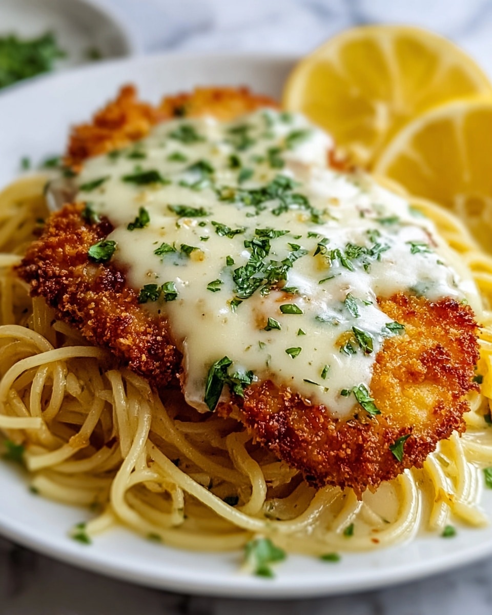 A white plate holds a bed of golden-yellow spaghetti noodles at the bottom layer, topped with a crispy, golden-brown breaded chicken cutlet as the second layer. On top of the chicken is a creamy, melted light-yellow cheese sauce that drips slightly down the sides, sprinkled with chopped green herbs. In the background to the right, there are two lemon wedges resting on the plate. The whole dish sits on a white marbled surface. photo taken with an iphone --ar 4:5 --v 7