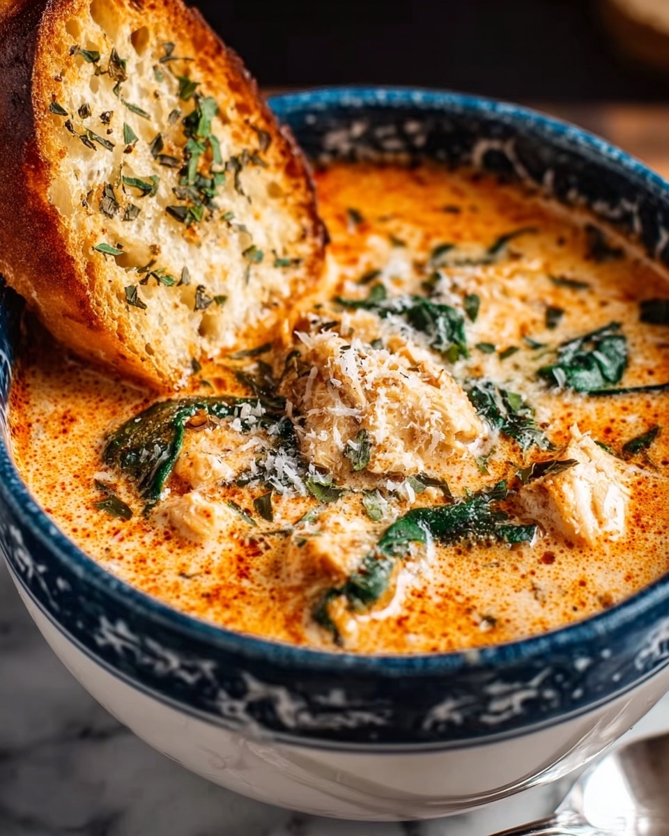 A white bowl filled with creamy orange soup, topped with pieces of shredded chicken and dark green spinach leaves scattered on top. There is a swirl of light cream mixed in, creating soft white streaks on the surface. A slice of toasted bread with a golden crust and visible seasoning is resting on the edge of the bowl. The bowl is placed on a white marbled surface with a spoon beside it. Photo taken with an iphone --ar 4:5 --v 7