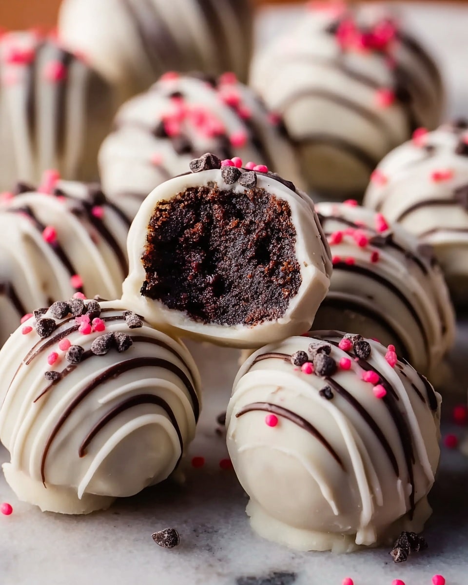 The image shows several round chocolate truffles covered in smooth white chocolate with thin white chocolate drizzles on top, creating stripes across each truffle. Each truffle is sprinkled with small dark chocolate chunks and tiny bright pink sprinkles, adding texture and color contrast. One truffle is bitten into, revealing a rich, moist, and dark chocolate inside with a dense texture full of small chocolate bits. The truffles are placed closely together on a white marbled surface, highlighting their glossy white coating and dark filling photo taken with an iphone --ar 4:5 --v 7