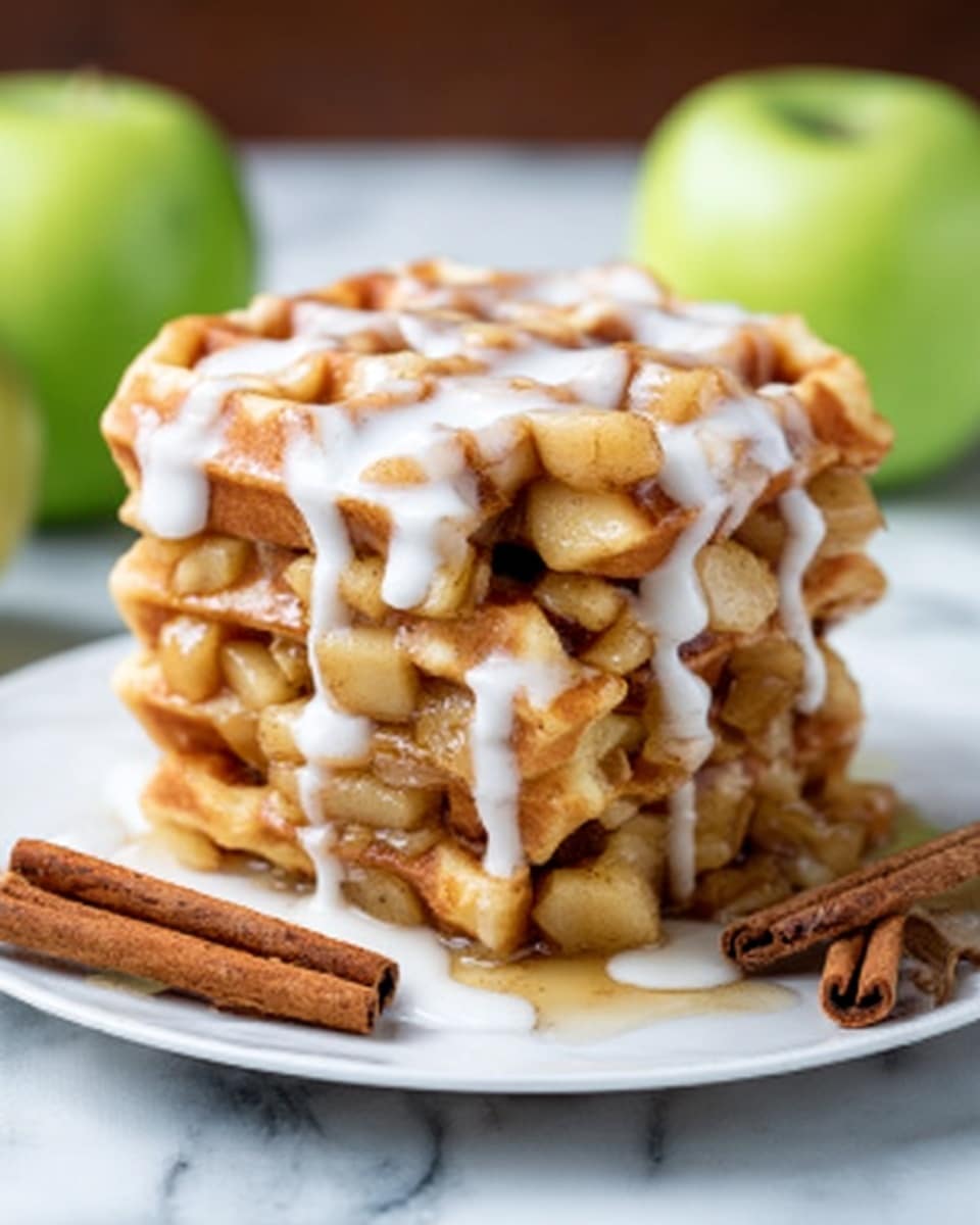 The image shows a stack of three golden-brown waffles with a generous filling of light caramel-colored cooked apple slices layered between each waffle. The top waffle is drizzled with white icing glaze, which slightly drips down the sides of the stack. The texture of the waffles is crisp with visible grid patterns, while the apple filling looks soft and juicy. The stack sits on a white plate placed on a white marbled textured surface. Nearby, there are two sticks of cinnamon and green apples in the blurred background. Photo taken with an iphone --ar 4:5 --v 7