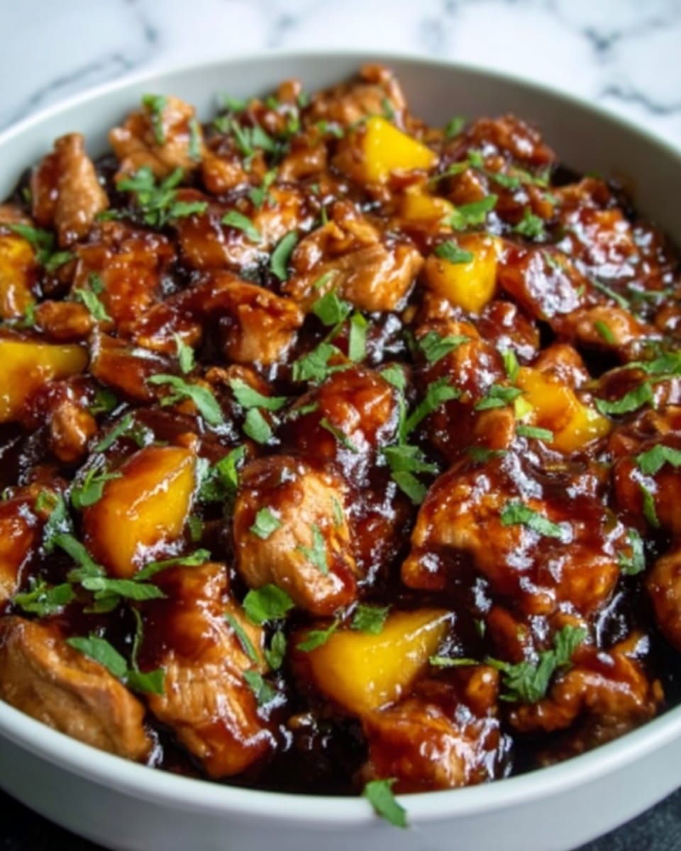A close-up view of a savory dish in a white bowl filled with glossy, dark brown chunks of meat mixed with bright orange pieces of cooked vegetables, possibly carrots or bell peppers. The dish is coated in a thick, shiny sauce that looks sticky and well-seasoned, with small green herb leaves sprinkled on top for color contrast. The texture of the sauce is smooth and rich, covering the layers of tender meat and soft vegetables evenly. The bowl sits on a white marbled surface, enhancing the dish's warm, inviting colors. Photo taken with an iphone --ar 4:5 --v 7