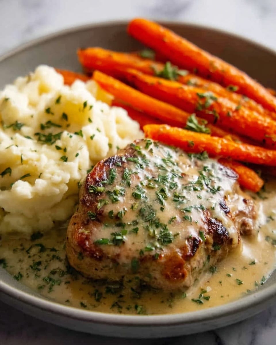 The dish shows a white plate with mashed potatoes in the back left, creamy and slightly textured with small lumps, mashed well but still fluffy. In the front center, there is a grilled piece of meat covered in light brown gravy sauce with green chopped herbs sprinkled on top. To the right side of the plate, there are bright orange roasted carrots, slightly shiny with a cooked texture, and a few small green herb pieces on top. The background is a white marbled surface. Photo taken with an iphone --ar 4:5 --v 7