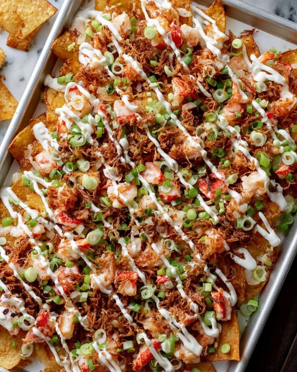 A white tray filled with several layers of crispy golden chips as the base, topped with a creamy white sauce drizzled evenly in thick zigzag lines. Scattered generously on top are small pieces of red and white seafood chunks, mixed with bits of crunchy, dark brown fried onions spread all over. Small slices of bright green spring onions are sprinkled on the entire surface, adding spots of fresh color. The tray rests on a white marbled texture surface with a few chips placed around it. photo taken with an iphone --ar 4:5 --v 7