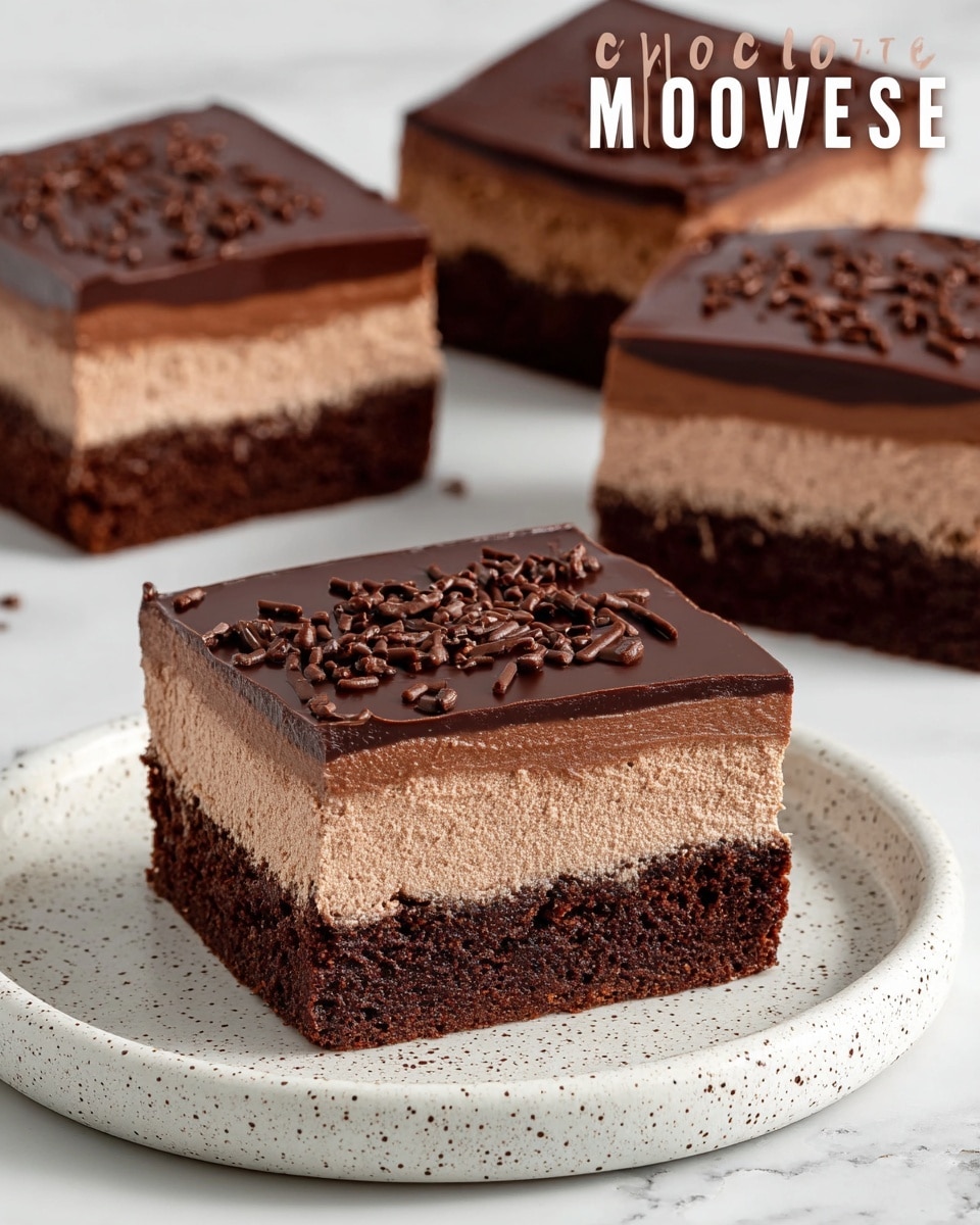 The image shows chocolate mousse brownies cut into square pieces with three clear layers. The bottom layer is a dark brown, dense brownie. Above it is a thick, light brown, fluffy chocolate mousse layer with a soft texture. The top layer is a smooth, shiny dark chocolate glaze, thin and even. One brownie piece is placed on a white plate with a speckled pattern, and the rest are on a white marbled surface. The mousse layer looks airy and slightly textured, while the brownie base looks rich and moist. Photo taken with an iphone --ar 4:5 --v 7
