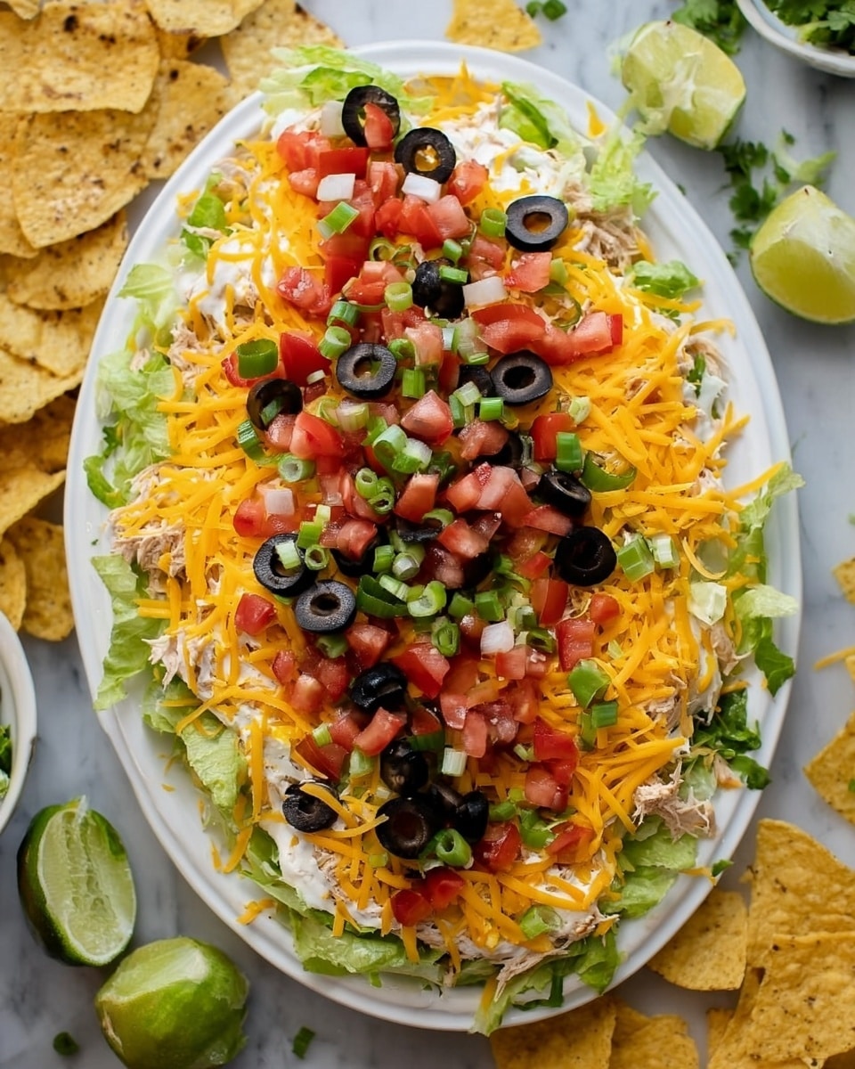 A white oval plate holds a colorful seven-layer dip with visible layers of creamy beige base, a layer of chopped dark green lettuce, bright red diced tomatoes, scattered slices of black olives, and finely chopped light green scallions. On top, there is a generous layer of shredded yellow cheddar cheese melted slightly over the other ingredients, creating a textured look. The plate is set on a white marbled surface, surrounded by scattered yellow tortilla chips and lime wedges in the upper corner. Photo taken with an iphone --ar 4:5 --v 7