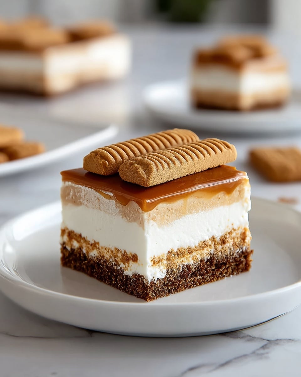 The image shows a square slice of a layered dessert on a white plate, placed on a white marbled surface. The dessert has five layers: the bottom layer is dark brown and crumbly, likely a biscuit crust; above it is a thick, smooth white cream layer; then a thin light brown layer; followed by another thick white cream layer; and on top a glossy caramel-colored layer. Two whole rectangular cookies, light brown with ridged textures, rest on the caramel layer. In the background, a blurred similar square slice is visible on another white plate. Photo taken with an iphone --ar 4:5 --v 7