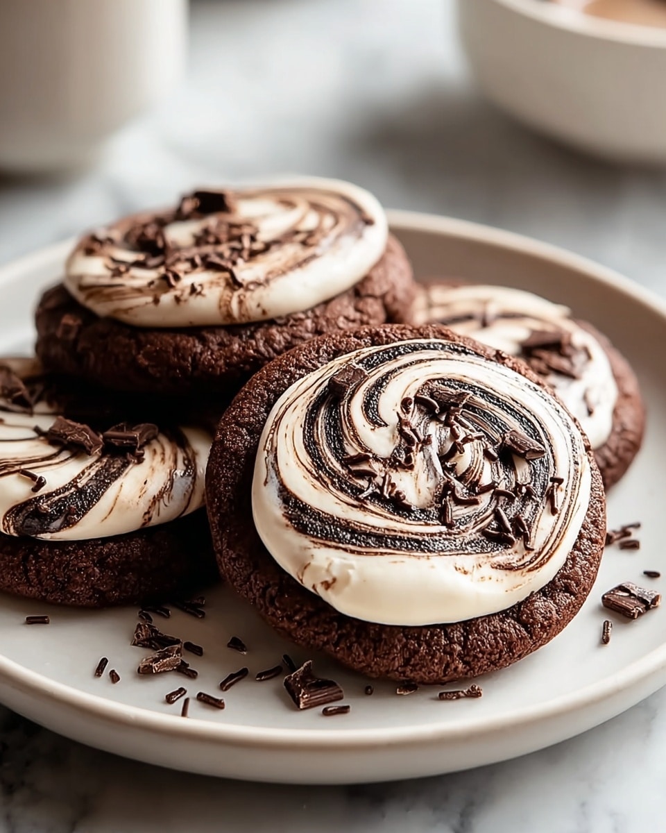 There are four dark brown cookies arranged close together on a white plate. Each cookie has a thick, smooth layer of white cream with dark chocolate swirls on top, creating a swirl pattern. Small pieces of dark chocolate sprinkles are scattered on the plate and on the cookies. The plate sits on a white marbled surface, with a blurred white bowl in the background. The texture of the cookies looks soft and slightly crumbly, while the cream layer is glossy and smooth. photo taken with an iphone --ar 4:5 --v 7