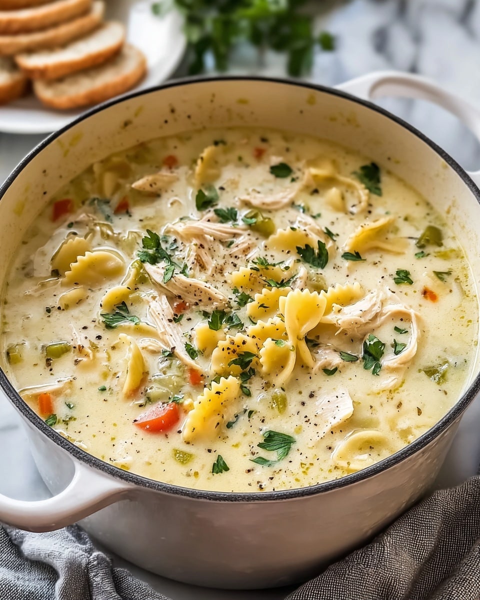A large white pot filled with creamy chicken soup that has three main layers visible: the base is a light cream-colored broth with a slightly thick texture, mixed with small pieces of red diced tomatoes and green herbs scattered throughout, the middle layer shows tender white shredded chicken pieces layered evenly, and the top layer has yellow pasta with rippled edges and some black pepper speckled on top, garnished with a small sprig of green parsley in the center. The pot sits on a gray and white striped cloth on a white marbled surface with a blurred background of sliced bread on a white plate and green herbs. photo taken with an iphone --ar 4:5 --v 7