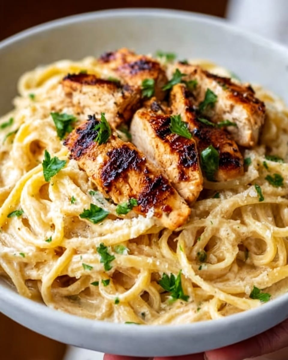A white bowl filled with creamy pasta layered at the bottom, showing smooth, pale yellow sauce coating long, thick spaghetti noodles. On top of the pasta, pieces of grilled chicken with a slightly golden-brown color and charred edges are scattered. Fresh green parsley leaves are sprinkled over the chicken, adding a touch of color contrast. The dish looks rich and warm, with the chicken pieces placed evenly over the creamy noodles. Photo taken with an iphone --ar 4:5 --v 7